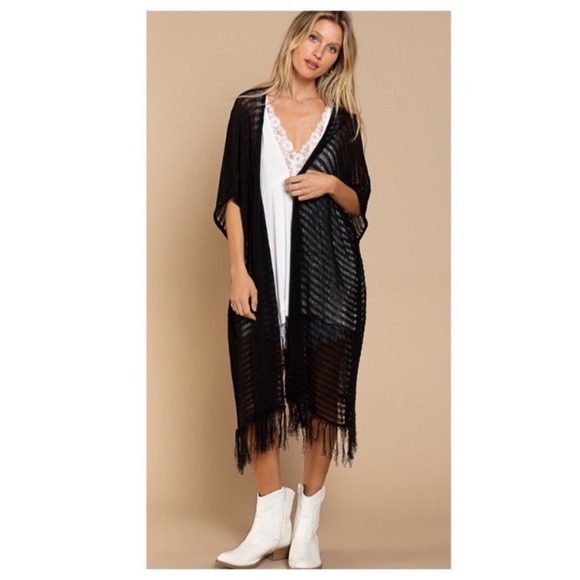 New POL Black Loose Rib Knit Cardigan/Kimono With Fringe Hem - Picture 11 of 11